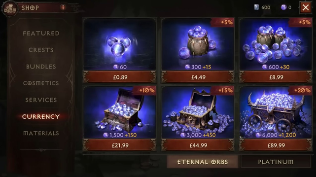Diablo Immortal shop screenshot