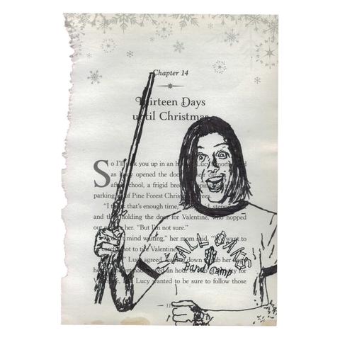 Pen drawing of Alyson Hannigan holding a flute and smiling drawn on a torn-out book page.
