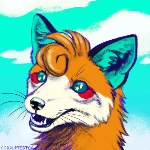 Brightly coloured fox looking at the viewer. She is orange and beige coloured in front of a blue background with clouds. Digitally drawn.