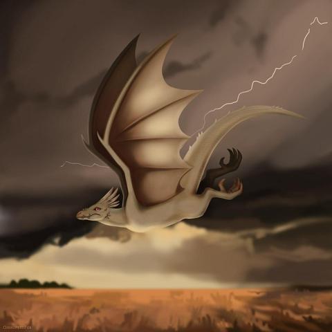A dragon flying in front of a lighting bolt, looking worried. Digitally drawn.
