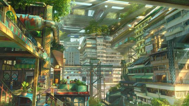 A digital painting of peaceful townscape scenery.