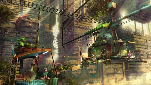 A digital painting of an abandoned district that surrounded by old buildings and overgrown plants.
