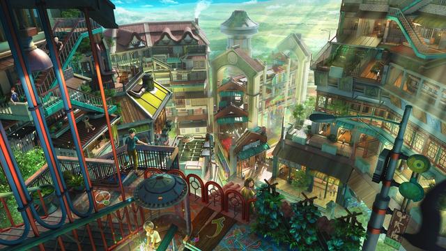 A digital painting of cozy townscape scenery, surrounded by a vast green field and blue sky.