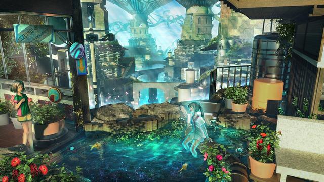 A digital painting of cityscape scenery that is built on water.
