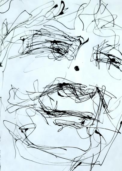 Woman's face drawn in thin ink lines
