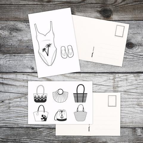 Lot de deux cartes postales en noir et blanc représentant un maillot de bain et des tongs et six sacs de plages. A retrouver dans notre boutique en ligne : ernestine-etcie.fr