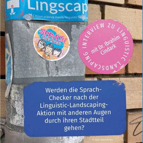 Man sieht zwei Aufkleber auf einem Fallrohr "Lingscape" und "Sprach-Checker". Rechts daneben sieht man vor einer Backsteinfassade einen Aufkleber mit der Aufschrift "Interview Linguistic Landscaping mit Dr. Ibrahim Cindark", darunter die Frage: "Werden die Sprach-Checker nach der Linguistic-Landscaping-Aktion mit anderen Augen durch ihren Stadtteil gehen?"