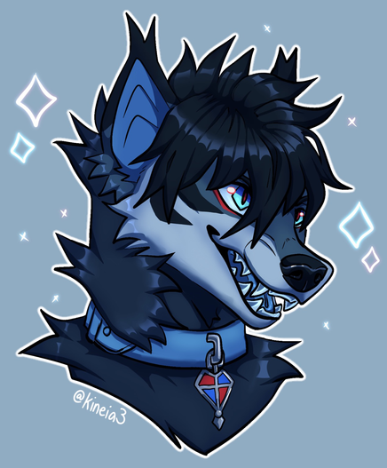 Blue canine with red markings under it’s eyes, dark blue hair and shiny fur, with sparkles drawn around it