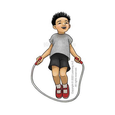 An East Asian boy aged 7-9 caught in mid-jump with a jump rope.  He is wearing a heathered gray t-shirt, black shorts, and red sneakers.  

The image includes a watermark for the illustrator and text noting that the image is copyright © 2022 Learning A-Z.