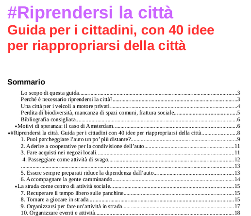 La prima parte del sommario della guida