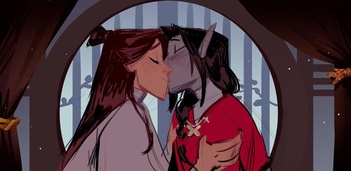 Art of Xie Lian and Hua Cheng sharing a sweet kiss. Xie Lian and Hua Cheng are Chinese men with long hair and white and red robes respectively. Hua Cheng has long pointy ears.