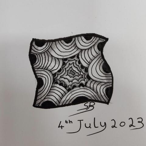 An abstract line art zentangle initialled SB and dated 4th July 2023