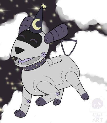 Drawing of a small robo dog (think a children's interactive toy). He  is bounding happily across some clouds. He is wearing a little cap with a moon on it, and has a collar with stars. His eyes are closed in a happy expression. This little dog brings people good dreams.