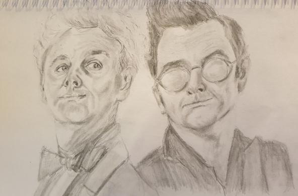 Drawing of Michael Sheen and David Tennant as their characters in Good Omens