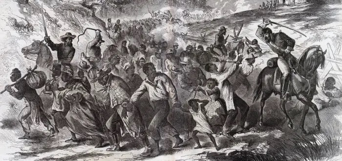 Black civilians, being kidnapped by confederate forces to be taken to enslavement