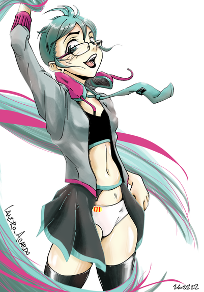 Fanart de Hatsune Miku desde una toma 3/4 con pelo bien corto y lentes de marco rectangular delgado, sonriendo con la boca abierta, posando con la mano delantera en alto que queda fuera de la toma pero sugiere que sostiene los mechones que se cortó y se pueden ver fluir por delante y detrás de ella, su otro brazo que queda casi cubierto por el cuerpo descansa en la cadera con la mano semicerrada cayendo detrás de su minifalda plisada que carece de los pliegues delanteros, dejando ver un culotte blanco con el número 01 en rojo sobre un cuadro amarillo en la esquina superior derecha. Aparte de sus botas negras largas, viste un top negro con ruedo turquesa y campera gris holgada, manga 3/4 con puños en magenta y solapas con forma de parlantes/auriculares que acaban en cordones; uno volando en paralelo con su corbata.
Ilustración digital a color. 

English version in comment section (sorry, kinda biblical proportions the description)