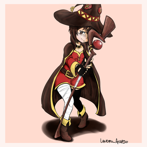 Esp/Eng 

Fanart de Megumin con su típico traje de archimaga, parada con las rodillas juntas y los pies separados, inclinada hacia adelante toda sonrojada con una lagrimita en señal de vergüenza, escondiendo la mitad de la cara detrás de su báculo que tiene firmemente agarrado con su mano derecha pero apenas con un par de dedos de la izquierda. (El "chiste" era que al ser una ilustración publicada el día de su cumpleaños, ésta capturaba el momento en que le estaban cantando el "que lo cumplas felíz").
Ilustración digital a color con formato de imagen cuadrado con fondo rosa claro y marco blanco.


Megumin fanart with her tipical archmage's garments, standing with her knees together and separated legs, inclined forward all flushed with a lil' tear as a sign of embarrassment, hiding half of the face behind her wand grabbed firmly with her right hand but with a couple of fingers of the left one. (This illustration was upload on her birthday so the joke was that this happened at the moment when they sang happy birthday to her).
Colored digital illustration in a square format with pale pink background and white border.