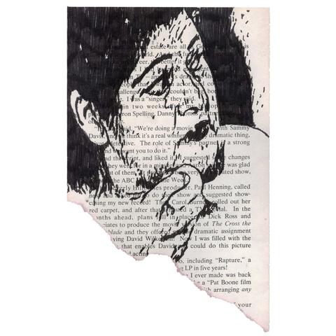 Pen drawing of an older heavy set woman holding an egg drawn on a torn-out book page.
