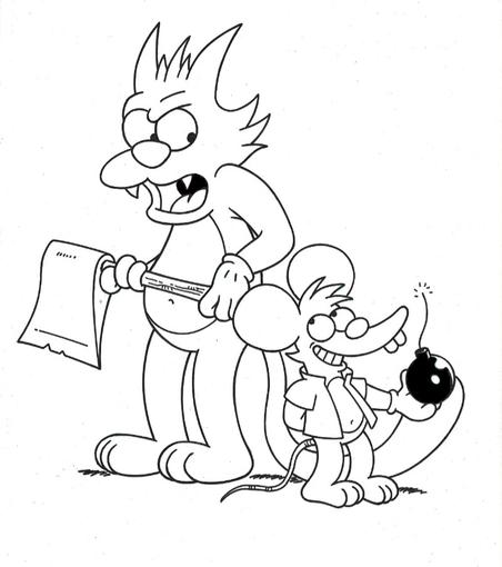 Cartoon cat and mouse standing back to back
The cat is on the left, he holds an axe in his hands and is staring angrily down at the mouse.
On the right the mouse holds a round bomb with a lit fuse in his right hand, he is staring up at the cat with a grin on his face.