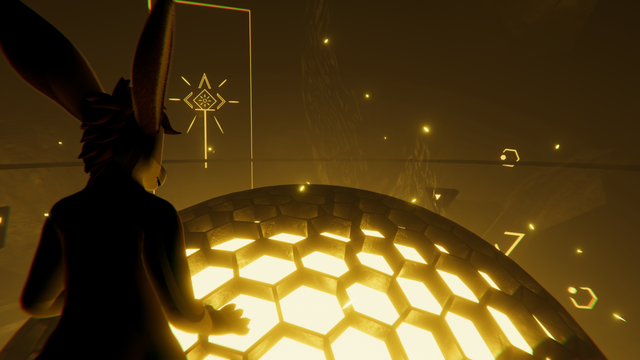 A VRChat world with a large, golden sphere with honeycomb holes in the centre, and an avatar of a kangaroo to the left.