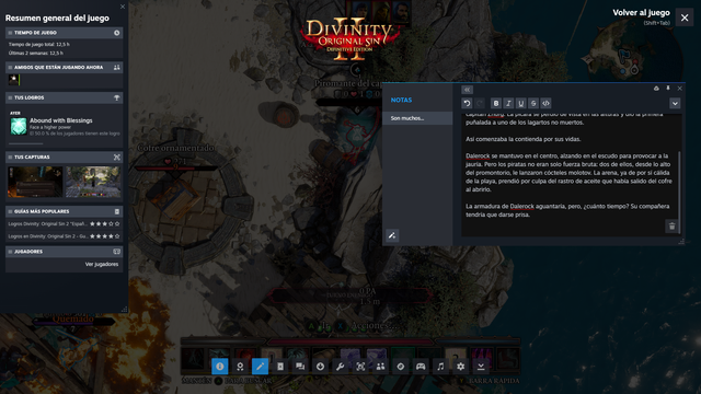 Se ve la interfaz de Steam con el juego Divinity 2 de fondo, la sección de la playa con un cofre en el centro de un anillo de piedra. A la izquierda hay una pestaña con datos generales del juego y a la derecha, un texto escrito en el bloc de notas de la aplicación de la narración de lo que ocurre en combate.