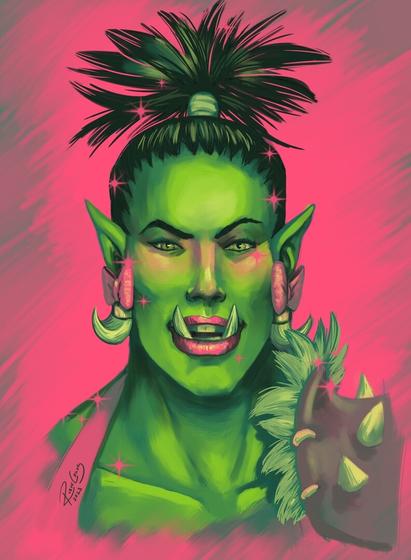 Portrait of Princess, a character from Dimension20, Dungeons and Drag Queens. She is a noble orc with pink bows and clothing