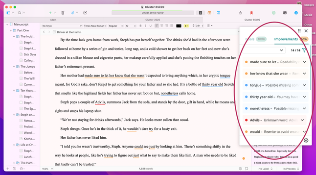 Screenshot of a Scrivener project using ProWritingAid Everywhere for Mac plugin. Words and phrases in the project are underlined. A popup window lists possible issues.
