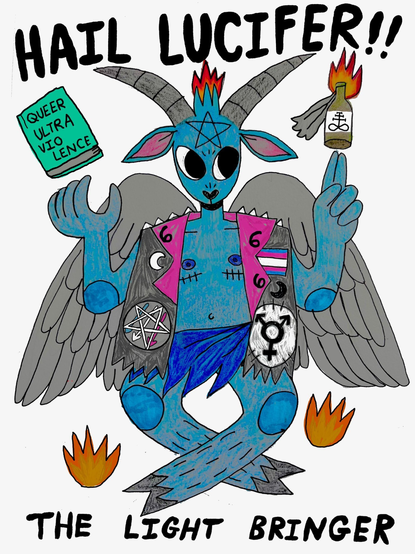 Hail Lucifer The Light Bringer: Archbudzar illustration of blue Baphomet figure with top surgery scars and wings wears a punk battle vest with trans pride flag, trans symbol, and satanic antifascism patches. Floating above one hand is “Queer Ultraviolence” the Bash Back! anthology book while floating above the other hand is a lit Molotov cocktail with a leviathan cross / sulfur symbol on it. Fire also comes from the top of Baphomet’s head like the traditional famous “Sabbatic Goat” illustration