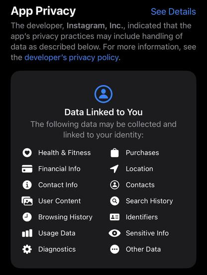 A screenshot of the “App Privacy” section of the Threads app from Instagram in the iOS App Store, where a long list of data collected about the user is shown, including “Health & Fitness,” “Contacts,” “Identifiers,” and “Sensitive Info,” etc.