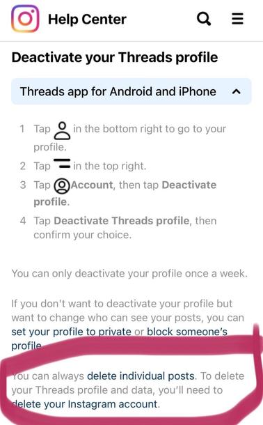 Screenshot of Instagram’s Threads support page saying you have to delete your Instagram account to delete your Threads account.