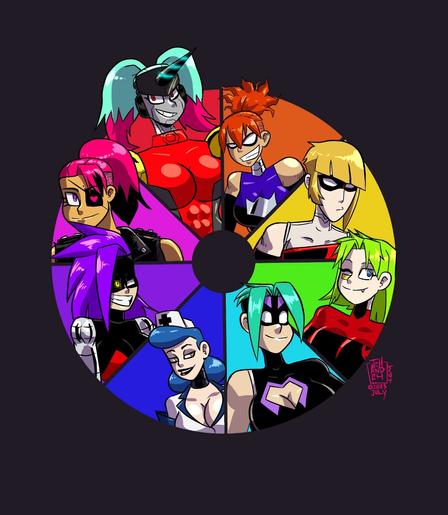 A color wheel with Mega Maiden characters for each corresponding color