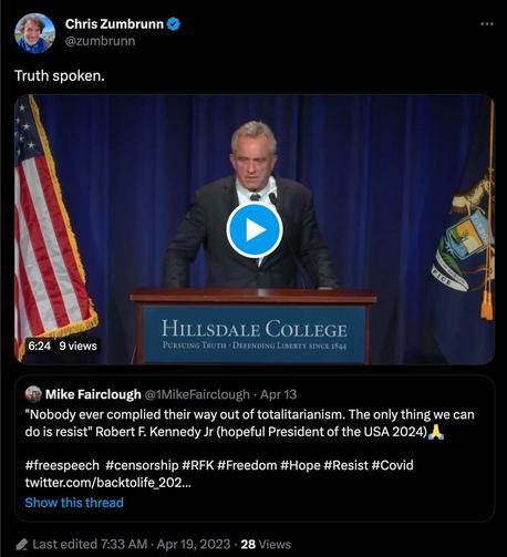A tweet by @zumbrunn where with the comment "Truth spoken." he quotes a video in which RJKje compares Antony Fauci with Dr. Mengele among other antisemitic and conspiratorial statements