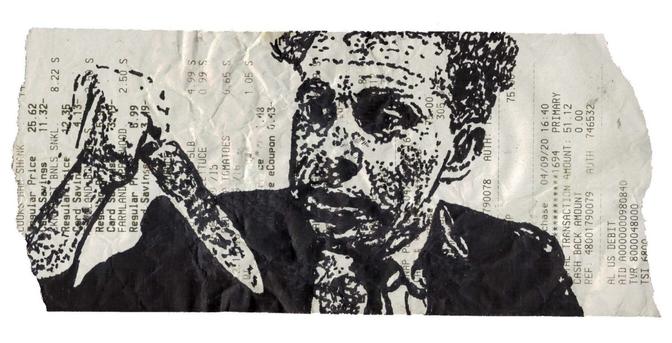 Pen drawing of a nervous looking man holding a knife drawn on a receipt.