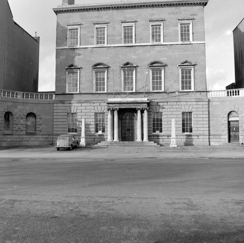 A black and white photograph of Charlemont House (now the Hugh Lane Gallery) on Parnell Square, Dublin, Ireland, taken in 1966.