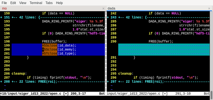 Screenshot of vimdiff, showing three additional lines on the left:
H5Sclose(id_data);
H5Sclose(id_memy);
H5Tclose(id_type);