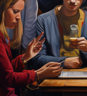 Bild einer Person mit langen blonden Haaren und anscheinend ungefähr drei Händen...