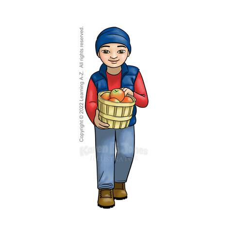 An East Asian boy aged 7-9 is walking towards the viewer holding a bushel basket of apples.  He has a navy stocking hat on his head.  He's wearing a red shirt, navy puffer vest, jeans, and work boots.  

The image includes a watermark for the illustrator and text noting that the image is copyright © 2022 Learning A-Z.