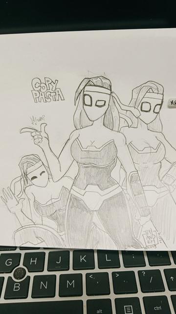 A drawing of a superhero/supervillain (?) With multiplication abilities. We see her with two copies of herself.