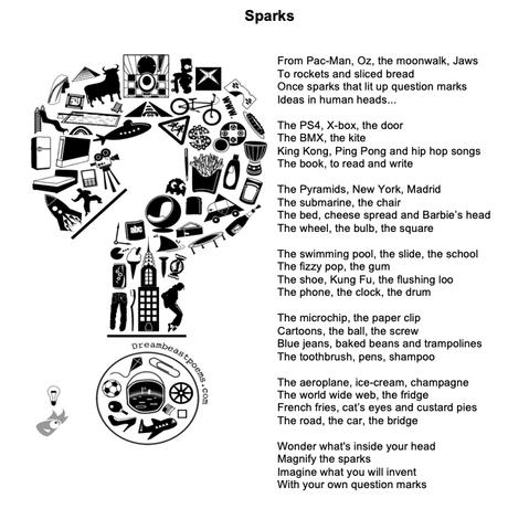 From Pac-Man, Oz, the moonwalk, Jaws
To rockets and sliced bread
Once sparks that lit up question marks
Ideas in human heads...

The PS4, X-box, the door
The BMX, the kite
King Kong, Ping Pong and hip hop songs
The book, to read and write

The Pyramids, New York, Madrid
The submarine, the chair
The bed, cheese spread and Barbie’s head
The wheel, the bulb, the square

The swimming pool, the slide, the school
The fizzy pop, the gum
The shoe, Kung Fu, the flushing loo
The phone, the clock, the drum

The microchip, the paper clip
Cartoons, the ball, the screw
Blue jeans, baked beans and trampolines
The toothbrush, pens, shampoo

The aeroplane, ice-cream, champagne
The world wide web, the fridge
French fries, cat’s eyes and custard pies
The road, the car, the bridge

Wonder what's inside your head
Magnify the sparks
Imagine what you will invent
With your own question marks

Mark Bird