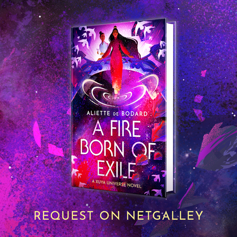 Cover of A FIRE BORN OF EXILE by Aliette de Bodard. A woman dressed in red descends down from the Heavens, making ripples in the starry void