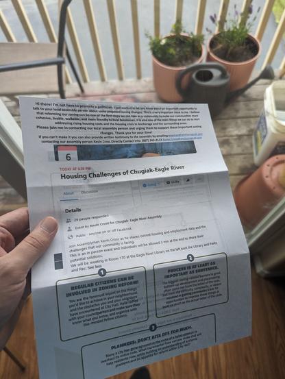 A larger photo of flyer that I printed out for my neighbors regarding tips on zoning and information about a meeting that my local assembly person is putting on regarding it