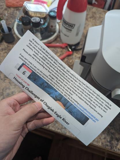 Flyer for my neighbors tri folded to show the info for the housing challenges of Chugiak eagle river