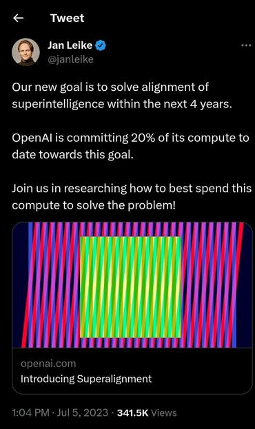 annoucement from OpenAI head of alignment on their new plan for creating a team to create an AI to solve the alignment problem for them. link to cited tweet follows: https://twitter.com/janleike/status/1676638205452640256?s=20