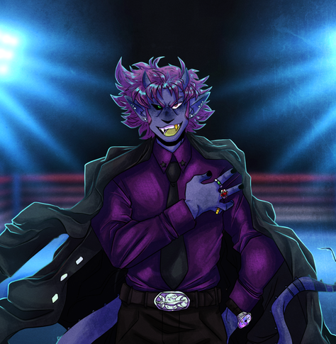 A blue torc (that's tiefling + orc) enthusiastically throwing off his jacket while grinning straight on. Hoss is blue, has smaller sized horns, and a tail similar to those really long dinosaurs. One of his fangs is gold and he has plenty of rings and diamond earrings to boot. He looks like a lot of fun but in a "this is going to hurt" kind of way.