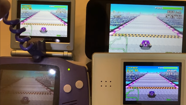 A picture showing the relative speeds of the natively running GBA on GBA SP, GBA, DS, and 3DS (clockwise from the upper left).
The timer in F-Zero is on the upper right. As shown, DS and 3DS fail to reach 9'59'99 at the same time as GBA and SP because they run at a slower clock speed.