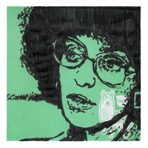 Pen drawing of Vonetta McGee wearing glasses and looking contemplative drawn on a green alpaca-themed Post-It note.