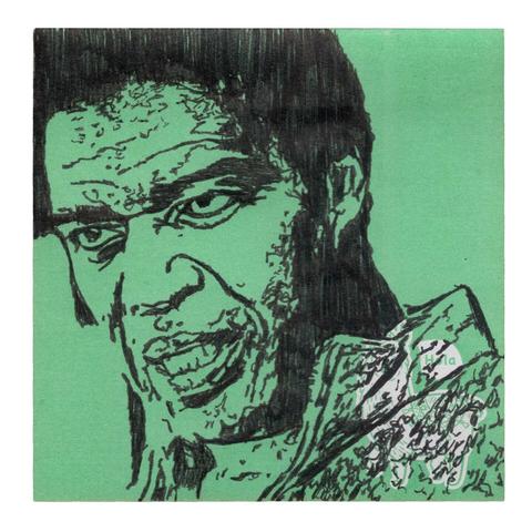 Pen drawing of Bernie Casey looking nervous drawn on a green alpaca-themed Post-It note.
