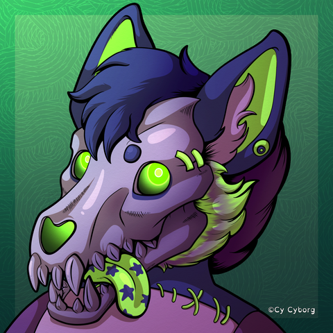 An illustration of a character with a purple metal dog skull for their face, blue and purple hair and a body made from patchwork purple fabric, stitched together with neon green thread