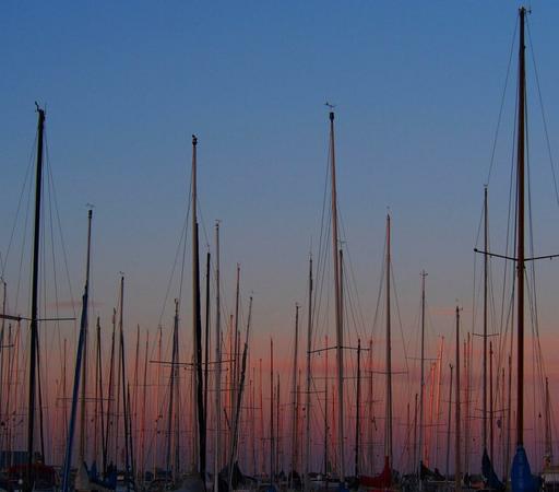 Wie ein kahler Wald stehen die Masten der Segelboote im Abendrot.
The masts of the sailboats stand like a bare forest in the evening glow.