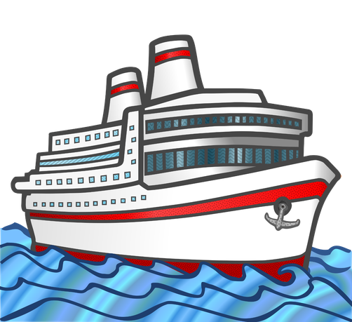 Clip art of a cartoon cruise ship. The front of the decks is all windows. Waves lap the ship and there is a large anchor at the bow.